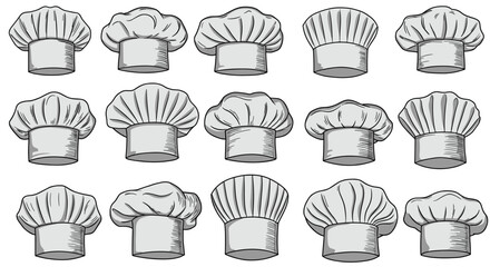 Collection of chef hats: stylish kitchen headwear in monochrome design