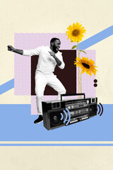 Collage of cheerful people dancing near obsolete retro vinyl expressing retro disco party vintage...