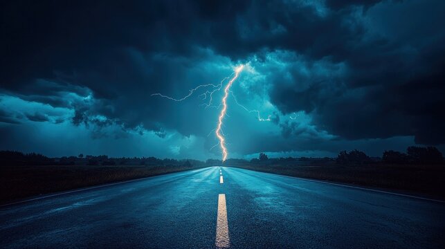 Stormy night road.  A dramatic lightning strike illuminates a dark, wet road stretching into a stormy sky