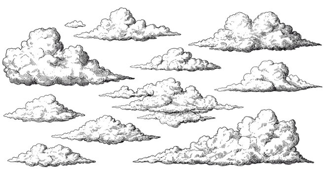 Vintage engraved clouds set for weather and nature design projects