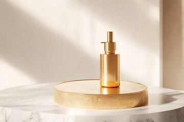 Golden dispenser bottle mockup on display stand for luxury cosmetic product presentation