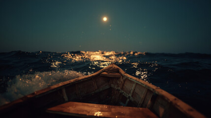wooden boat sailing through ocean waves at night, with moonlit view — perfect for adventure concepts, cinematic backgrounds, book covers, or metaphoric visuals of solitude and journey
