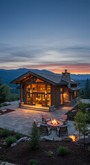 Obraz premium Modern log cabin at dusk, nestled in mountain landscape, with patio and fire pit.