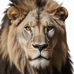 Fototapeta premium Majestic Lion Portrait: A captivating, up-close portrait of a male lion, showcasing its magnificent mane and intense gaze, radiating strength and the regal presence of the king of the jungle.