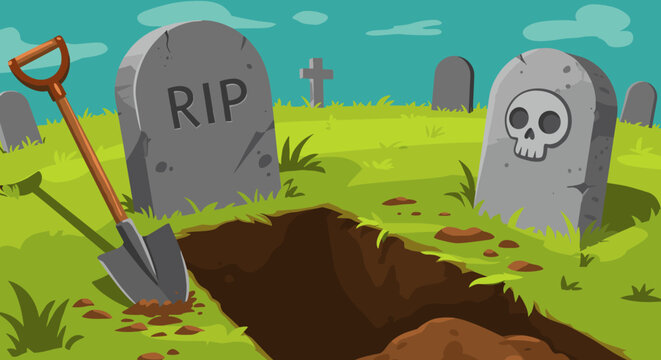 Cartoon graveyard scene with open grave and tombstones in a spooky setting