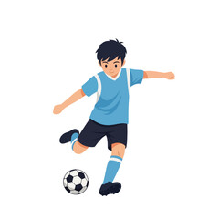 Young boy in blue uniform kicks a soccer ball, isolated on a white background.