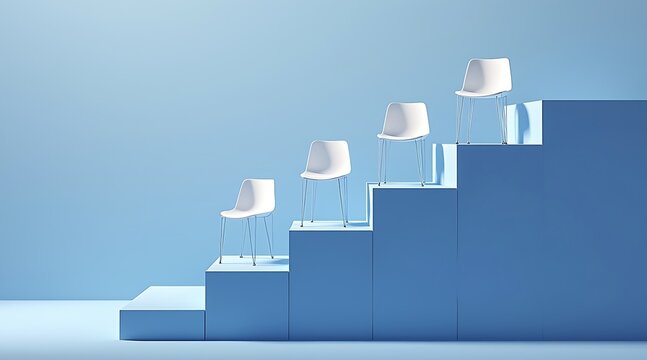 Four white chairs on ascending blue steps against a light blue background stairs