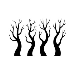 Stylized Line Art: Four Bare, Twisted Trees on Black Background; Spooky, Eerie, Halloween Vibe.

