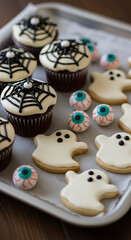 A tray of themed Halloween treats, such as cupcakes with spiderweb frosting, ghost-shaped cookies, or edible eyeballs, presented appetizingly but with a spooky twist. The lighting is soft, highlightin