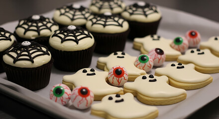 A tray of themed Halloween treats, such as cupcakes with spiderweb frosting, ghost-shaped cookies, or edible eyeballs, presented appetizingly but with a spooky twist. The lighting is soft, highlightin