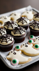 A tray of themed Halloween treats, such as cupcakes with spiderweb frosting, ghost-shaped cookies, or edible eyeballs, presented appetizingly but with a spooky twist. The lighting is soft, highlightin