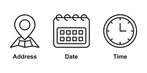 Date, Time, Address icon set. Event icons vector. Address. time, and date icon vector. eps 10