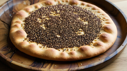 Nigella Seeds (Kalonji) on Flatbread
Artistic image of nigella seeds sprinkled on a warm, textured flatbread placed on a wooden tray.