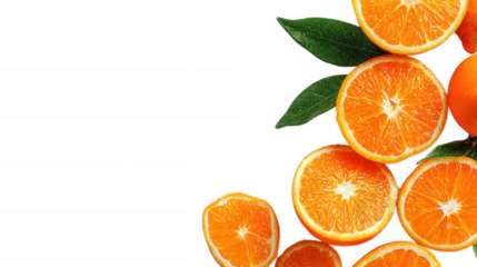 Fresh Orange Slices with Leaves fruit arrangements on Black Background