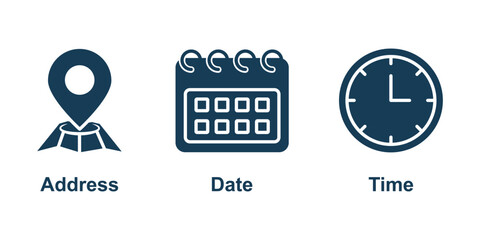 Date, Time, Address icon set. Event icons vector. Address. time, and date icon vector. eps 10