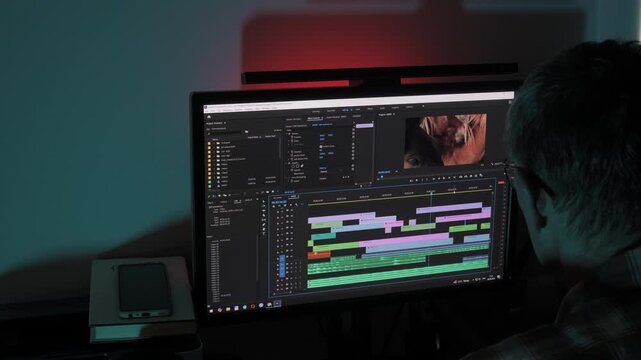 Man editing colorful video timeline on a widescreen monitor in dark room, Focused editor works on post-production project at night using professional software interface