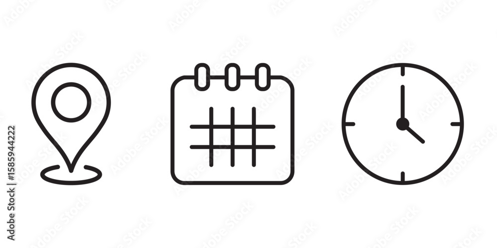Poster time address and date icon . essential time and place icon collection . eps 10
