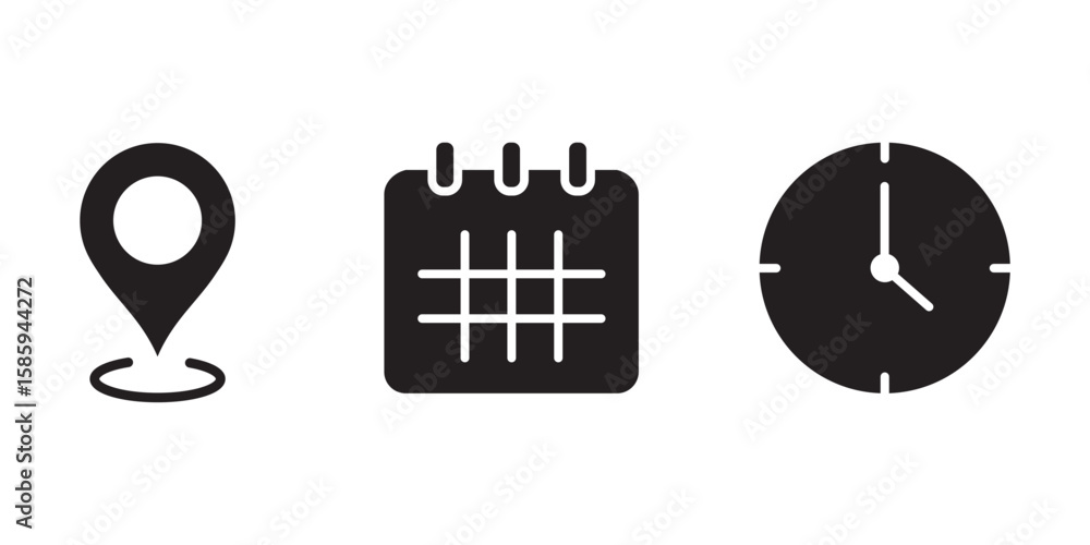Poster time address and date icon . essential time and place icon collection . eps 10