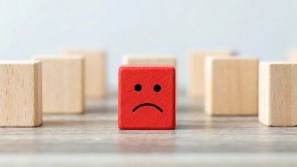 Obraz premium Sad red star block isolated among neutral blocks — symbol of negative customer rating 