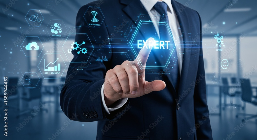 Poster man touching glowing hexagon display in business setting with digital graphics