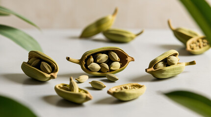 Cardamom Seeds and Pods Arrangement: Aesthetically pleasing flat lay showing green cardamom pods partially opened, revealing the seeds inside