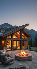 Modern log cabin with a fire pit, nestled in a mountain landscape at twilight.