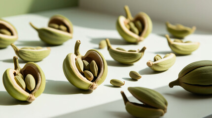 Cardamom Seeds and Pods Arrangement: Aesthetically pleasing flat lay showing green cardamom pods partially opened, revealing the seeds inside