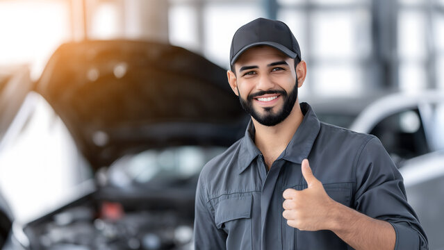 Young car mechanic in uniform showing thumbs up, vehicle repair and maintenance background