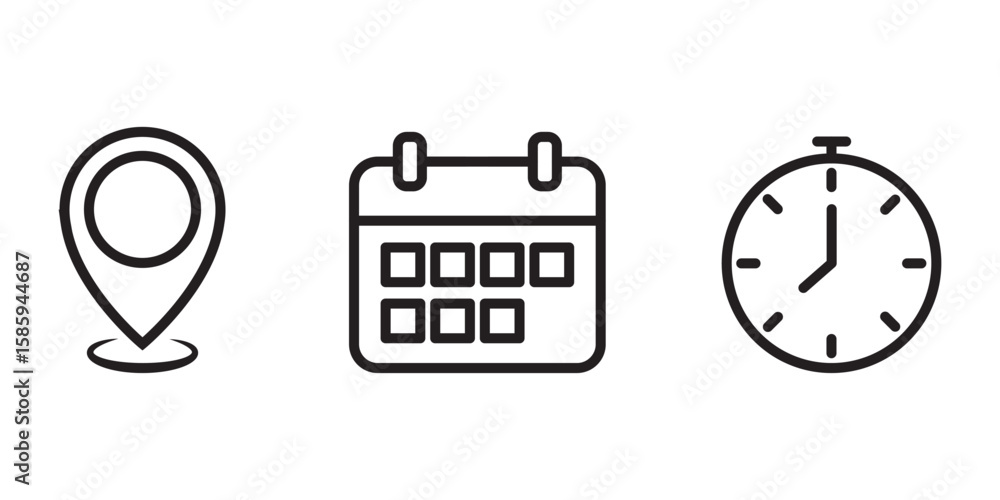 Poster time, date and address icon set. calendar, clock, location. editable stroke. linear vector . simple 