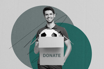 Poster photo full sketch collage of happy businessman businesswoman volunteer hold donation box...