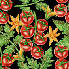 Cherry tomato with leaves and flowers. Seamless watercolor pattern with fresh red tomatoes on a white background. Watercolor tomatoes. Botanical pattern for fabric, packaging and kitchen decor