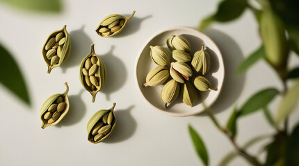 Cardamom Seeds and Pods Arrangement: Aesthetically pleasing flat lay showing green cardamom pods partially opened, revealing the seeds inside