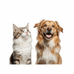 Fototapeta premium Cat and Dog Friendship: A heartwarming duo, a curious cat and a joyful dog, gaze upward with a sense of wonder, showcasing the unique bond between different species. 