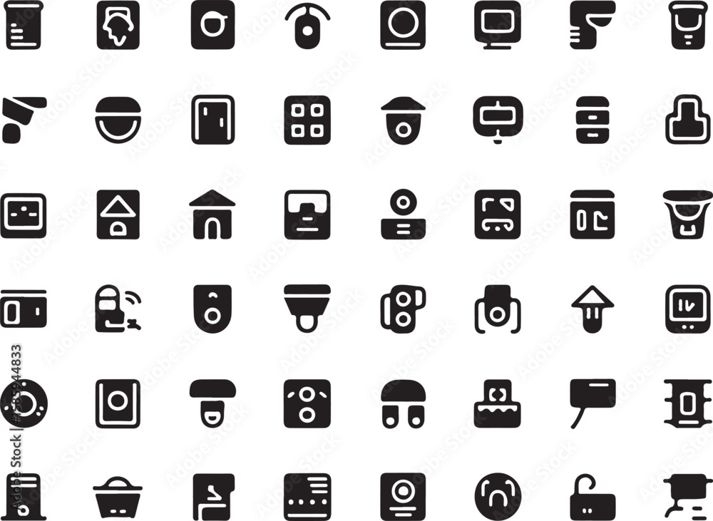 Fototapete Diverse Icon Set Displaying Varied Objects and Concepts, a Collection of Black Silhouette Shapes, Simple and Minimalist