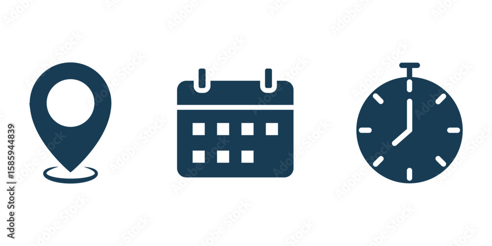 Poster time, date and address icon set. calendar, clock, location. editable stroke. linear vector . simple 