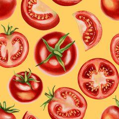 Seamless watercolor pattern with fresh red tomatoes on a white background. Watercolor tomatoes. This hand-drawn botanical pattern is perfect for fabric, packaging and kitchen decor.