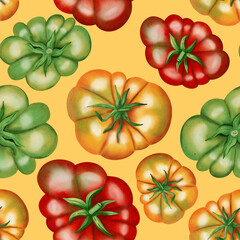 Red, yellow and green tomatoes. Seamless watercolor pattern with fresh tomatoes on a white background. Watercolor tomatoes. Botanical pattern for fabric, packaging and kitchen decor.