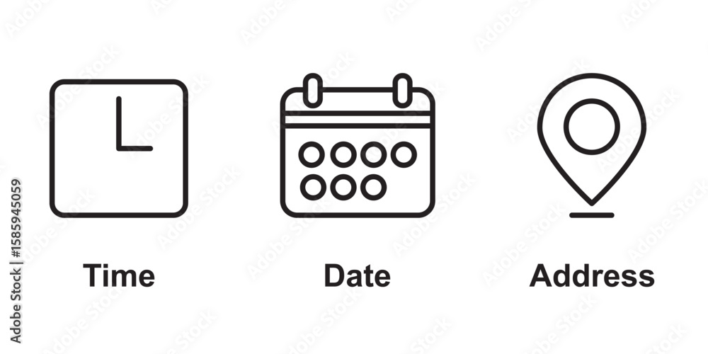 Poster time, date and address icon set. calendar, clock, location. editable stroke. linear vector . simple 
