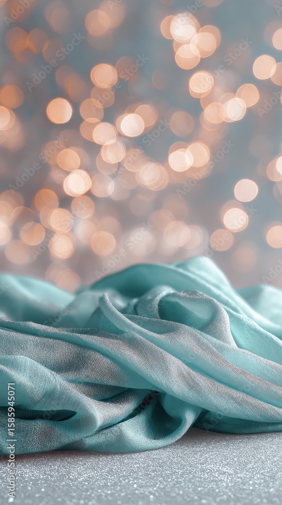 Poster soft teal fabric artfully folded with shimmering bokeh lights glowing warmly in the blurred backgrou