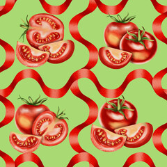 Seamless watercolor pattern with fresh red tomatoes on a white background. Watercolor tomatoes. This hand-drawn botanical pattern is perfect for fabric, packaging and kitchen decor.