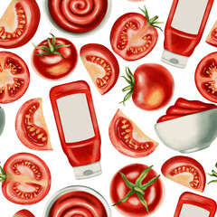 Seamless watercolor pattern with tomatoes, tomato slices, ketchup bottles and sauce boats. Watercolor tomatoes. Perfect for packaging, kitchen textiles and food-themed designs.
