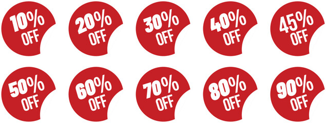 Big Sale Badges: Off Discount Labels, Ten to Ninety Percent Off Sale Tags: Red Discount Circle Labels for Marketing & Promotions