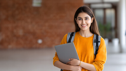 Young Indian female student holding laptop at university. Digital education, career, and learning concept