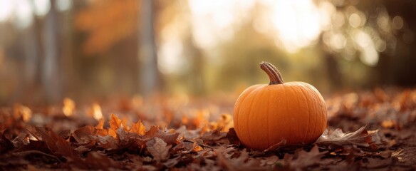 The vibrant pumpkin resting on a bed of autumn leaves in warm sunlight.