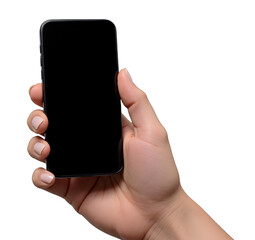 Close-up of a woman's hand holding a cellphone. The screen is black and facing the camera. Isolated image on a transparent background for composition.