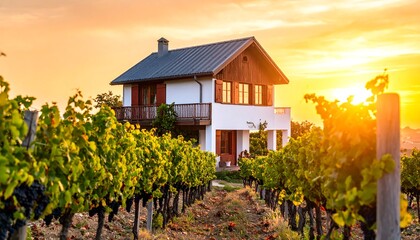 Sunset over vineyard and house