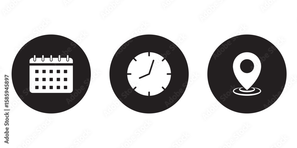 Poster time, date and address icons set. time, date and address line and solid icon set. address location i