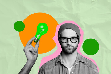Sketch pop image sketch full collage of happy businessman businesswoman stand light bulb idea...