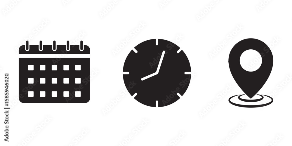 Poster time, date and address icons set. time, date and address line and solid icon set. address location i