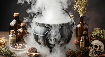 A steaming cauldron (no visible fire), with dense mist rising from within, surrounded by mysterious ingredients like dried herbs, antique bottles, and perhaps a small, decorative (not real) skull. The
